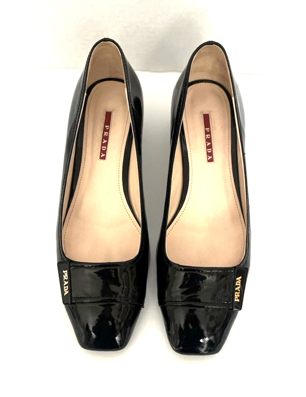 PRADA WOMANS BLACK PATENT LEATHER WEDGE HEELS WITH LOGO PRADA SZ 41.5, EC